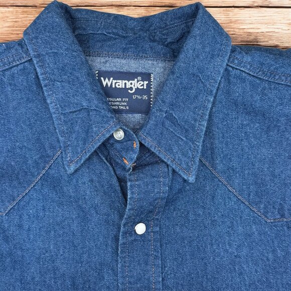 Wrangler Denim Men Shirt 17 1/2-35 Blue Chambray Pearl Snap Western Rodeo Cowboy - Picture 1 of 8